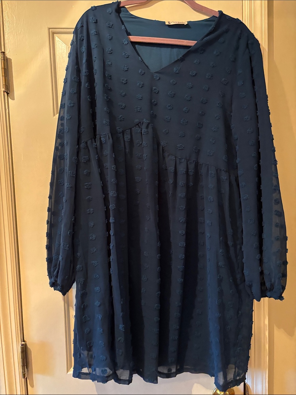 Navy Textured Swiss Dot V-Neck Babydoll Dress